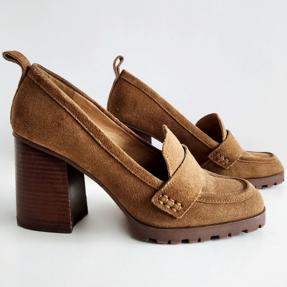Crown Vintage Alivia Brown Suede Leather Retro Heels With Lug Sole, Size 9